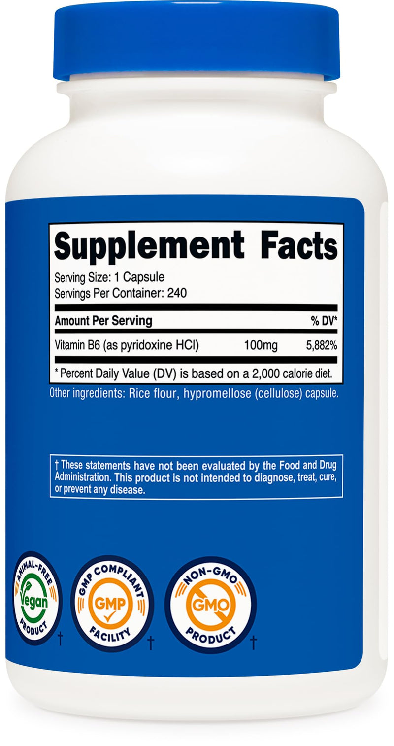 Nutricost Vitamin B6 (Pyridoxine HCl) 100mg, 240 Capsules (Pack of 2) 240 Count (Pack of 2)