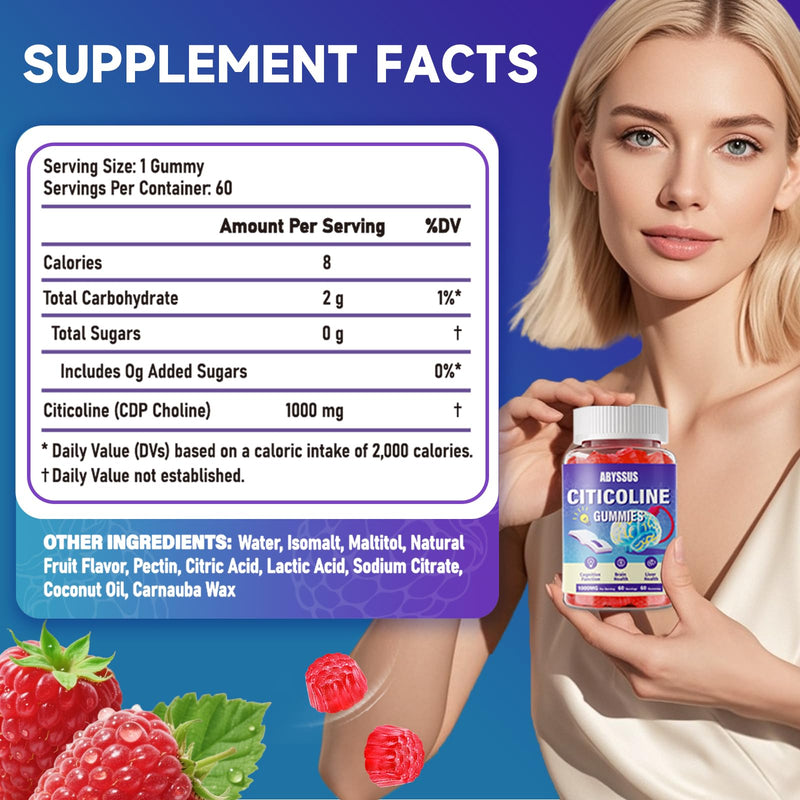 ABYSSUS Citicoline (CDP Choline) Gummies 1000mg, Sugar-Free, Vegan, 60 Ct | Brain Support Supplement for Cognitive Focus & Clarity, Sugar-Free, Non-GMO, Raspberry Flavor