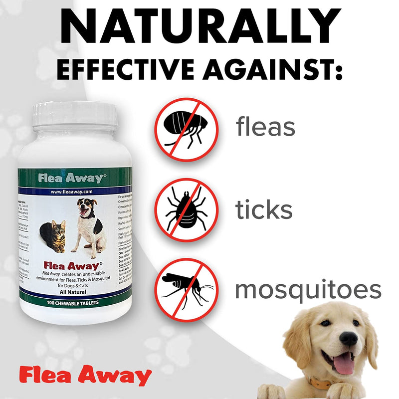 Flea Away All Natural Supplement for Fleas, Ticks, and Mosquitos Prevention for Dogs and Cats, 100 Chewable Treat Tablets, Single (Pack of 2) 1 Single (Pack of 2)