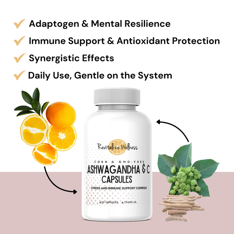 Ashwagandha + Vitamin C Capsules | Stress and Immune Support Complex | with 550 mg Ashwagandha and 200 mg Vitamin C per Serving | 30 Servings