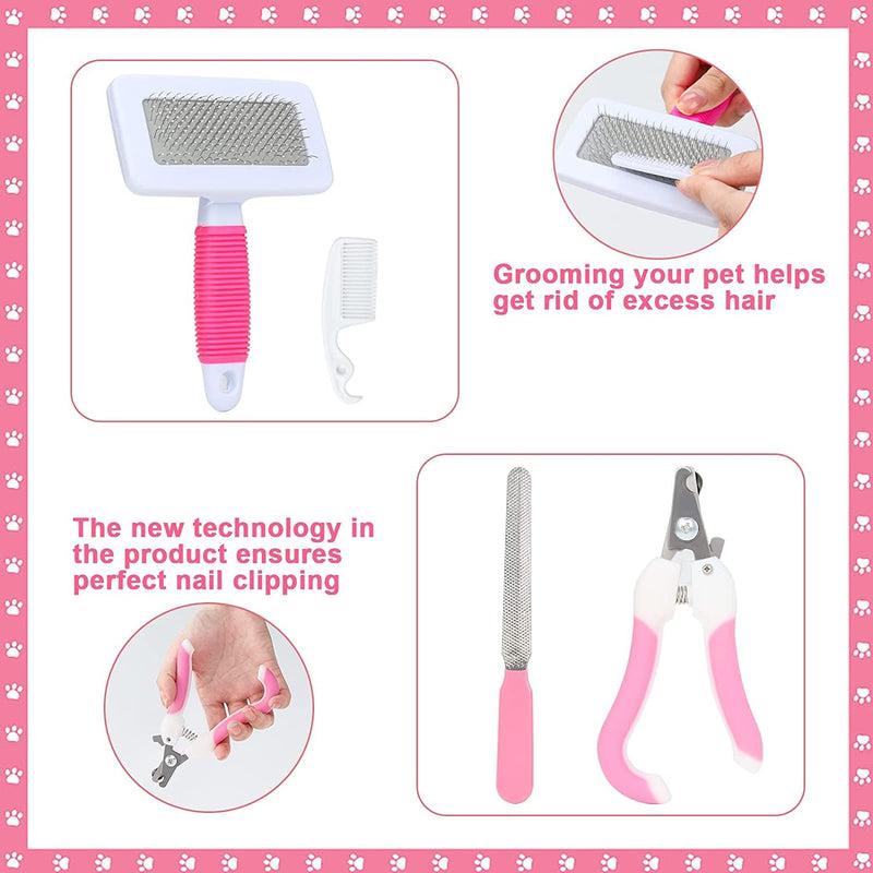 MIAOZ Rabbit Grooming Set with Nail Clippers and Trimmer Pet Hair Remover Long and File, Flea Comb, Shampoo Bath Brush for Rabbits Puppies Kittens Guinea Pigs Ferrets Small Animals (Pink) Pink - BeesActive Australia
