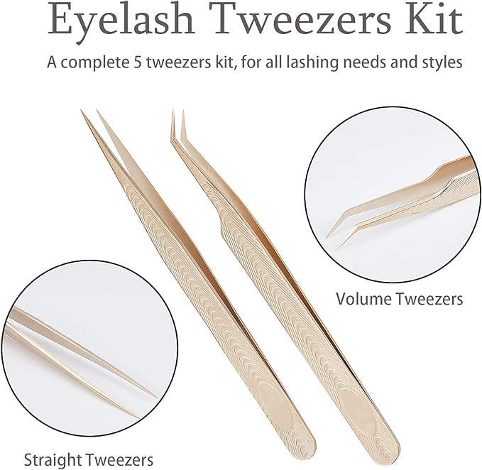 NICENEEDED 2pcs Eyelash Extension Tweezers Set in Case, Gold Volume Lashes & Straight Tweezers for Lash Extension - BeesActive Australia