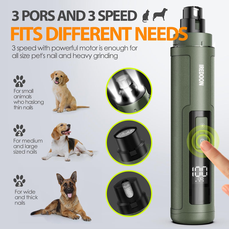 IREDOON Professional Claw Grinder for Dogs 3 Speed with 4 LED Lights - Latest Claw Grinder with Power Display for Pets, Super Quiet, Rechargeable for Large, Medium and Small Dogs Dark Green - BeesActive Australia