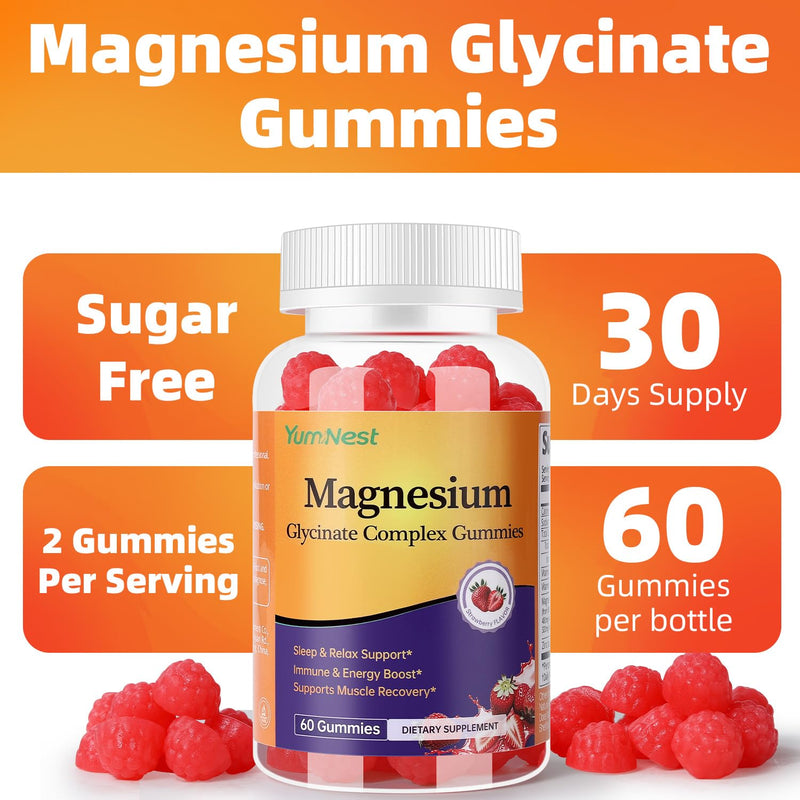Magnesium Glycinate Gummies, 60 Count | Sugar Free Magnesium Glycinate, Citrate, Malate Blend Gummies for Adults with Vitamin C, B6, Zinc, Vegan