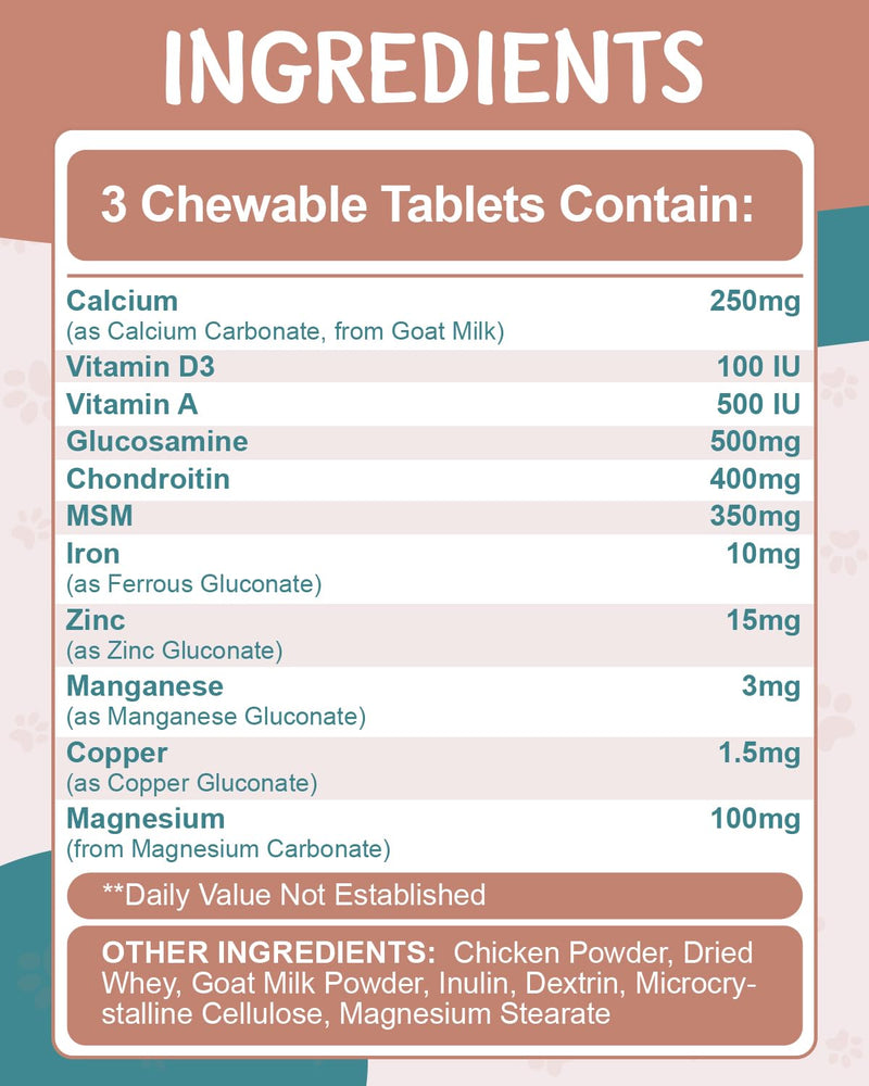 Joint & Calcium Tablets for Dogs - Calcium Supplement for Dogs - Mobility, Bones, Immune Support - with Minerals, Glucosamine, Chondroitin, Calcium, Vitamins - 200 Chewable Tablets