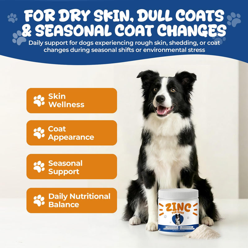 Zinc Supplement for Dogs, Skin & Coat Support, Vitamin E & Biotin Powder | Daily Zinc Powder with Vitamin E, Selenium & Biotin Supports Skin, Coat, Immune Wellness & Daily Mineral Support, 60 g