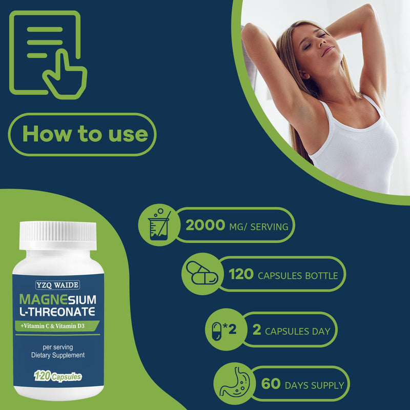 Magnesium L-Threonate Supplement 120 Capsules, 2000 mg Magnesium Threonate with Vitamin C & D3, High Absorption, Non-GMO (60 Days Supply) 120 Count (Pack of 1)