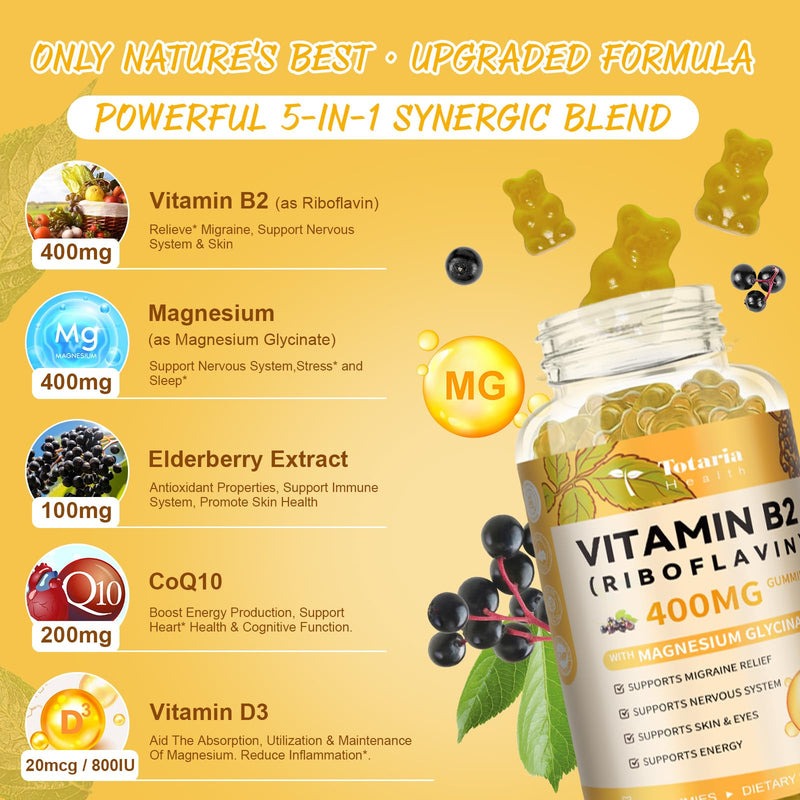 Totaria Vitamin B2 Gummies, Sugar Free Riboflavin 400mg Supplement for Adults & Kids with Magnesium Glycinate 400mg, COQ10 & Elderberry, Skin & Nervous System Support, Non-GMO, 60 Gummies 60 Count (Pack of 1)