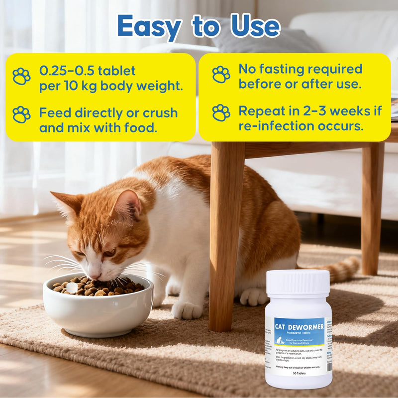 Dewormer for Cats and Kittens, Praz-qantl Tablets Broad Spectrum Dewormer for Tapeworms, Hookworms & Roundworms, for Cats and Kittens 6 Weeks and Older, Easy to Administer, 50 Tablets