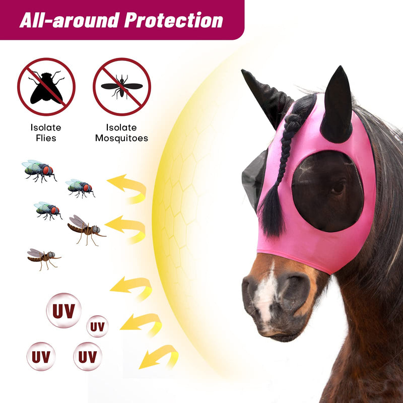 Horse Fly Mask,Fly Masks for Horses with Ears,Lycra Upgrade Fly Mask with UV Protection Comfortable&Elasticity(Pink) - BeesActive Australia