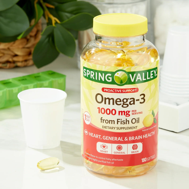 Spring Valley Omega-3 1000 mg from Fish Oil, Heart, Brain Health, Lemon,180 Softgels