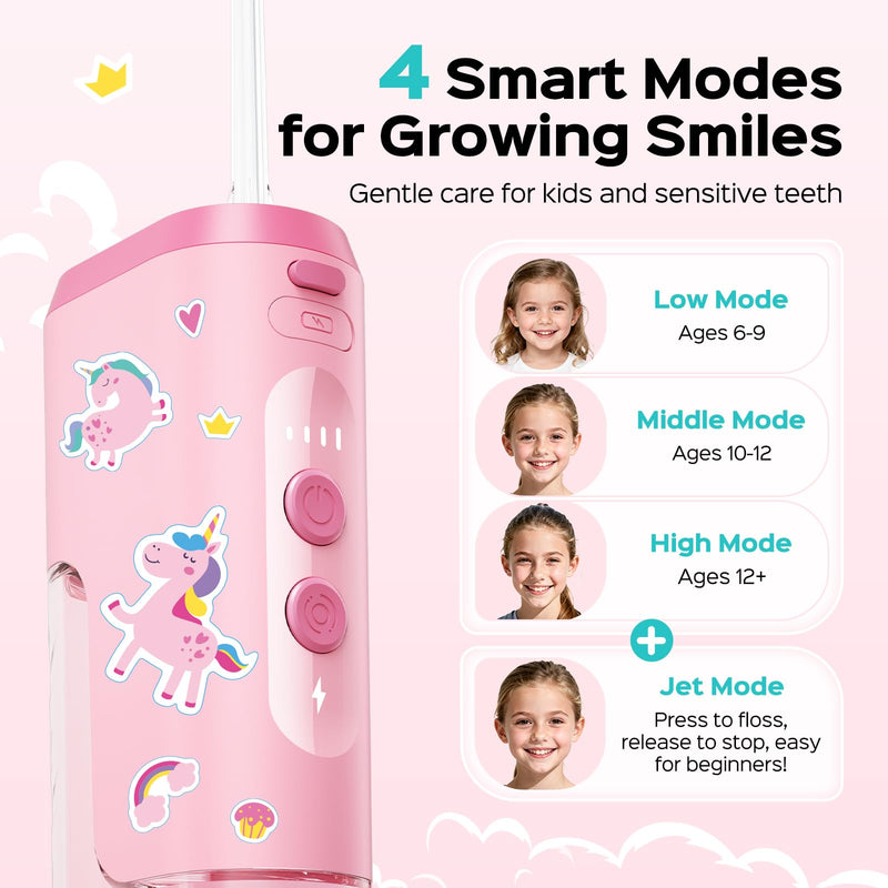 COSLUS T40 Portable Water Flosser for Kids: 4 Gentle Modes for Ages 6+, Braces & Sensitive Teeth - with Fun DIY Stickers, 4 Storable Nozzles, Mini Compact for Home School & Travel, BPA-Free, Pink