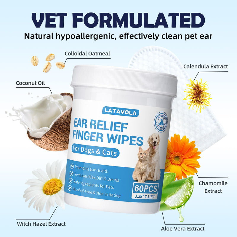 Dog Ear Cleaner Wipes - Widen Ear Finger Wipes for Dogs & Cats, Remove Ear Wax, Debris, Relieve Ear Itching & Inflammation with Aloe and Calendula - 60 Count 60Pcs - BeesActive Australia