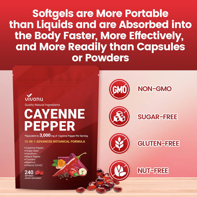 VivoNu Cayenne Pepper Softgels | Leg Vein & Heart Support, Hawthorn, Beetroot & Berberine (2 Bag) | Supports* Leg Vein, Heart & Blood Vessel Health; Vitamin E, D3+K2, Grape Seed, Hawthorn, Beetroot & Berberine 2 Bag