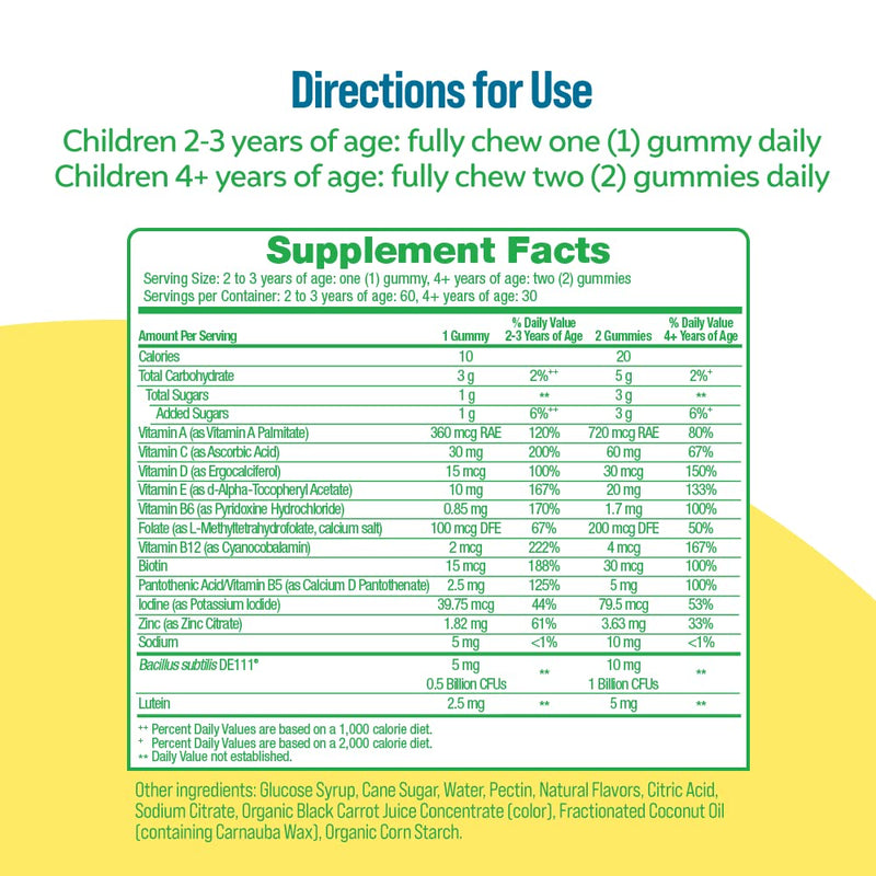 Culturelle Kids Multivitamin + Probiotic Gummies, Ages 2+, 90 Count | From the #1 Pediatrician-Recommended Brand± Digestive Health, Immune & Vision Support*, 11 Vitamins & Minerals + Lutein 60 Count (Pack of 1)