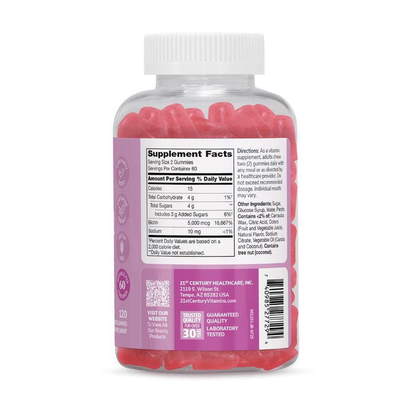21st Century Biotin 5000mcg Gummies, Strawberry, Hair Skin Nails, 120ct | Biotin 5000 mcg Gummies to Help Support Healthy Hair, Skin & Nails, Delicious Strawberry Flavor, Vegetarian, 120 Count 120 Count (Pack of 1)
