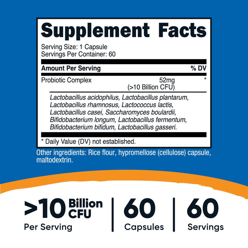Nutricost Probiotic Complex (10 Billion CFU) 60 Capsules | Acidophilus Plus 9 Other Probiotics, GMO-Free, Gluten Free 60 Count (Pack of 1)