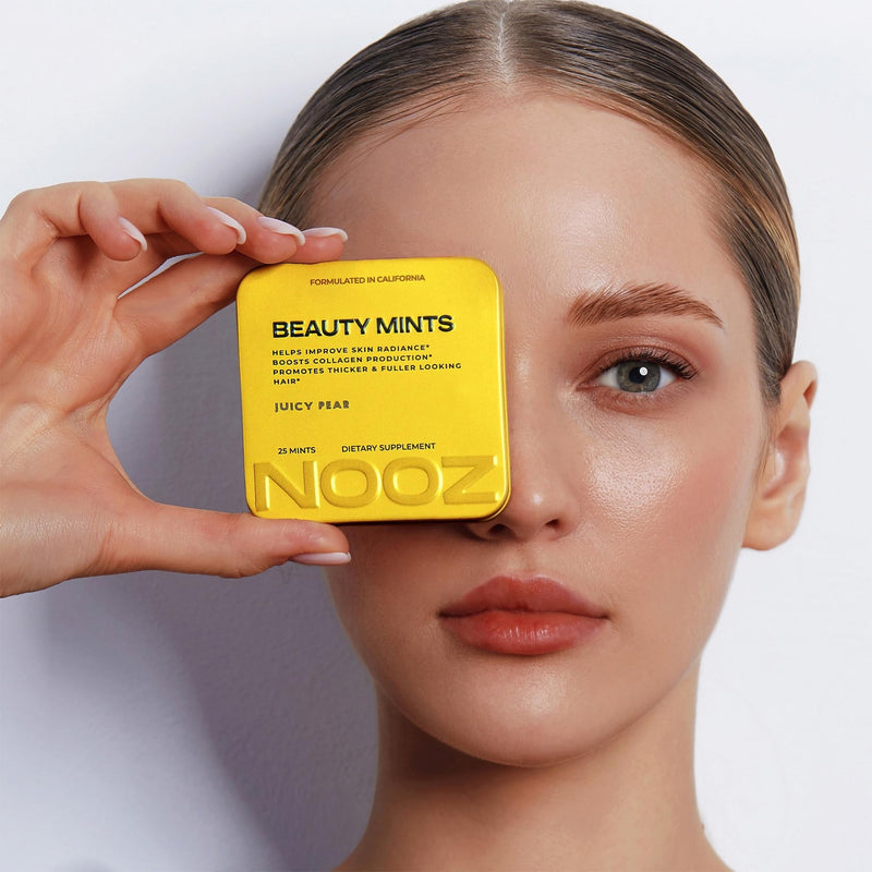 NOOZ Beauty Mints - Sugar-Free Biotin Mint for Glowing Skin, Healthy Hair & Strong Nails - Juicy Pear Flavor | Travel-Friendly Supplement with Antioxidants, Vitamin C, B6 & B12 | Non-GMO, 25 Mints Single Tin - BeesActive Australia