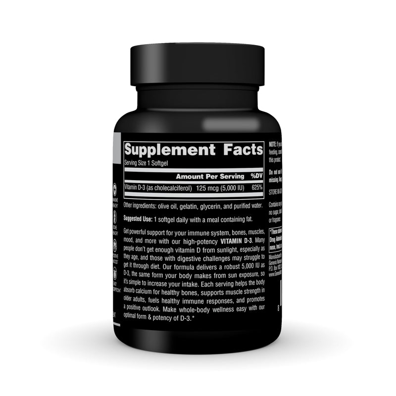 Genexis Vitamin D3 5000 IU (125 mcg) – 200 Softgels | Gluten Free High Potency Cholecalciferol for Immune & Mood Support, and Bone & Muscle Health – Easy-to-Absorb in Olive Oil