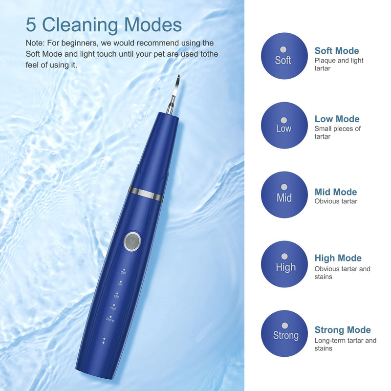 Upgraded Plaque Remover for Teeth, Electric Pet Teeth Cleaning Kit, USB Charging Dog Tooth Brushing Kit, 5 Modes, IPX6 Waterproof Pet Ultrasonic Toothbrush Cleaner for Dogs Cats (Blue) Blue