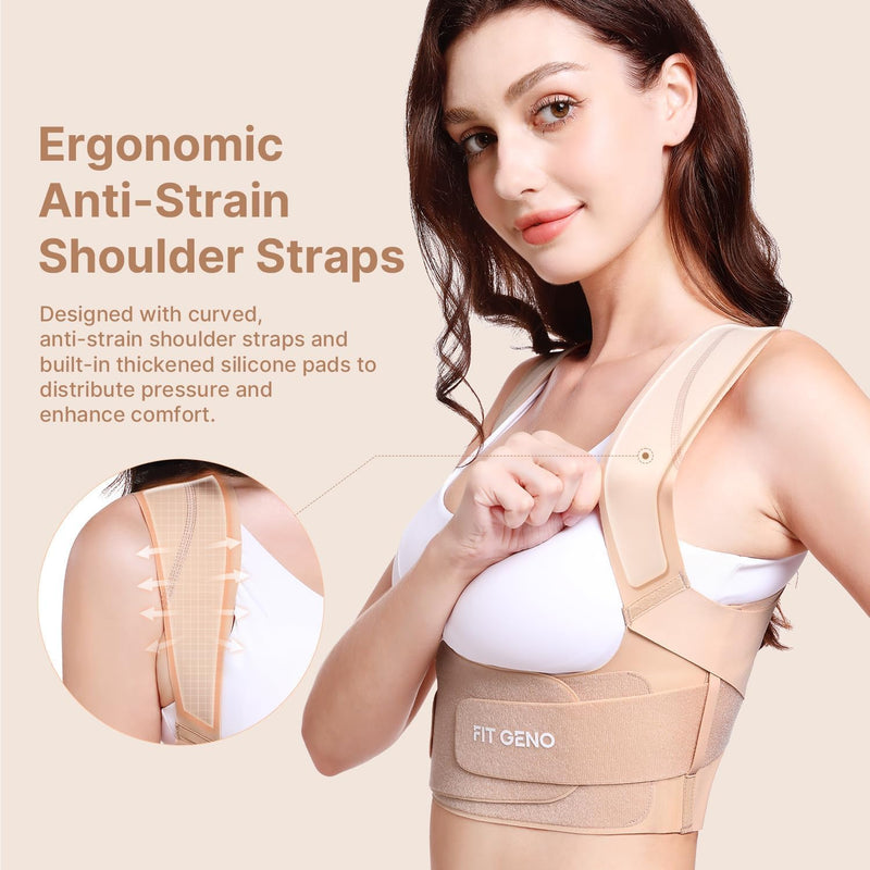 Fit Geno Posture Corrector for Women Invisilite: Invisible Lightweight Back Brace for Neck Shoulder & Upper Back Pain Relief - Improve Posture Correct Hunchback Slouching Under Clothes Large Beige L (Under Bust 32"- 38")