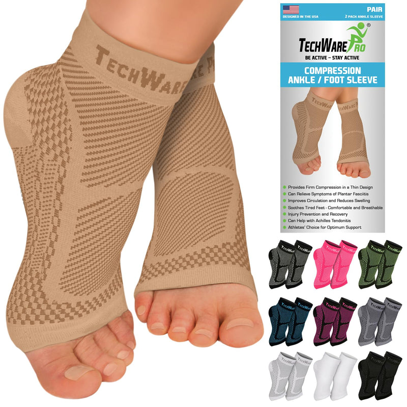 TechWare Pro Ankle Brace Compression Sleeve - Plantar Fasciitis Sock. Relieves Achilles Tendonitis. Foot Arch Support Reduces Joint Pain, Swelling & Heel Spur Pain. Injury Recovery Braces for Sports Beige L / XL (see size chart) - BeesActive Australia