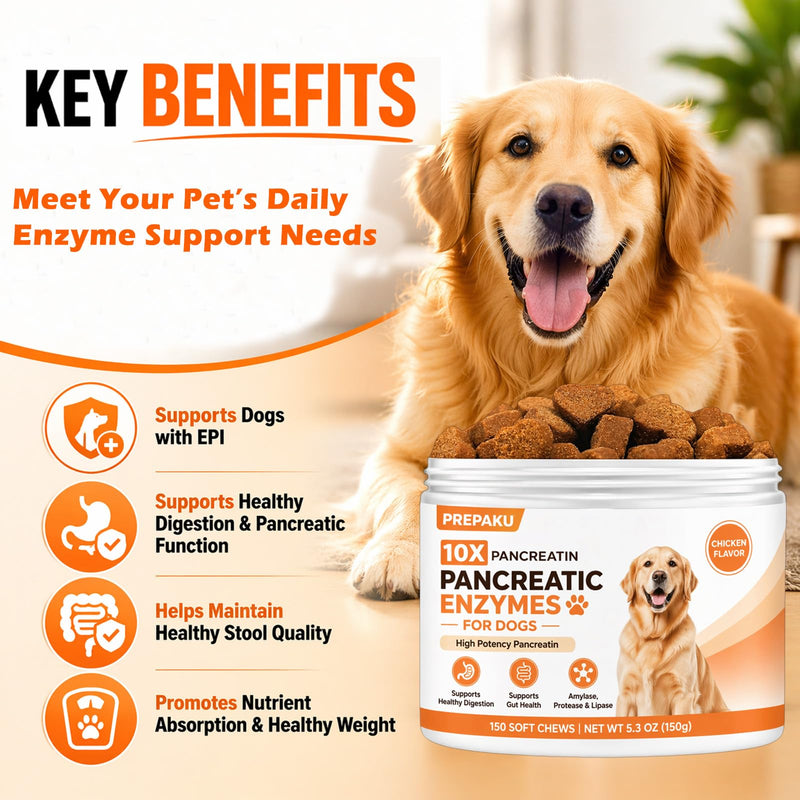 Pancreatic Enzymes for Dogs – 10X Pancreatin Digestive Enzyme Chews for EPI Support, Supports Digestive Stress, Pancreatic Issues & Healthy Weight Management – 150 Chews