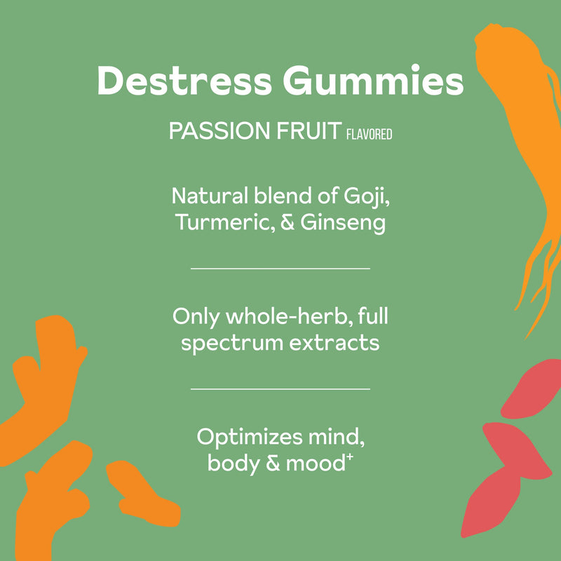De-Stress Gummies with American Ginseng, Turmeric, and Goji - Assist with Stress Relief & Mood Boost, All-Natural Relaxation, Low-Sugar, 45 Vegan Gummies, Passion Fruit (Pack of 1) Herbal DeStress Blend 45 Count (Pack of 1)