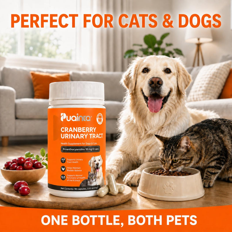 PUAINTA Cranberry Urinary Tract Support for Dogs & Cats | 18mg Active PACs + 50mg D-Mannose | UTI & Bladder Wellness Supplement for Pets | 90 Count 90 Capsules