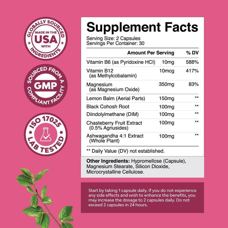 PMS Support Supplement for Women – Hormone Balance for Women & Menstrual Discomfort with DIM, Chasteberry, Black Cohosh & Ashwagandha - for Period Cramps Ease, Menopause Bloating, Mood Swing – 60 Ct 60 Count (Pack of 1)