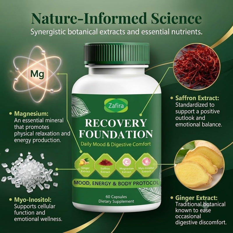 Zafira Organic Recovery Foundation Support, Organic Saffron Extract, Myo-Inositol, Ginger Root, Magnesium, Vitamins D3, B12 & C, Vegan Non-GMO Daily Wellness Supplement for Men & Women, 60 Count.