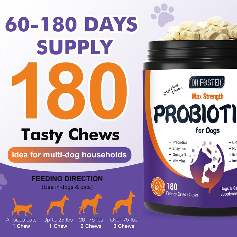 DRFOSTER Probiotics for Dogs, Freeze-Dried Dog Probiotics and Digestive Enzymes, Plus Omega-3 for Itchy Skin, Prebiotics for Digestive Health, Dog Vitamins and Supplements for Immune Health, 180 Bites Purple