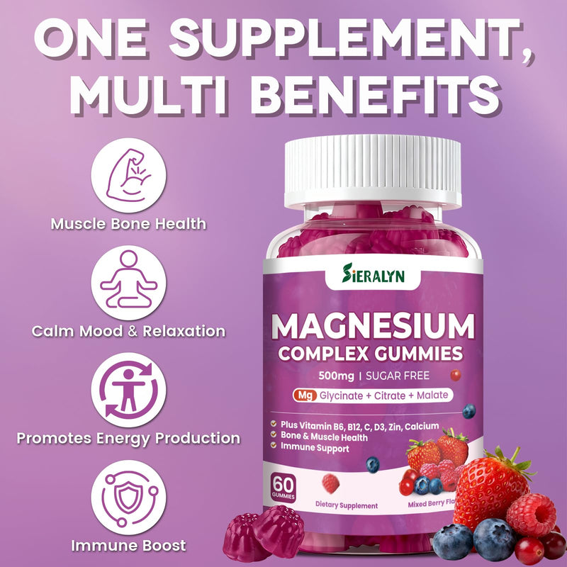 Magnesium Complex Gummies 500MG - 3-in-1 Advanced Magnesium Supplement | Vitamin D3, C, B6, B12, Zinc & Calcium - Sugar Free Magnesium Gummies for Calm, Muscle, Mood, for Women & Men, Vegan 60 Count 60 Count (Pack of 1)