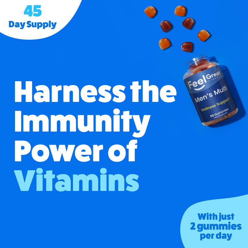 Feel Great Vitamin Co. Men's Multivitamin Gummies, Packed with Vitamin A, B-6, B-12, Biotin, C, D3, E, Iodine, Folic Acid, Zinc. Made in The USA. 45 Day Supply