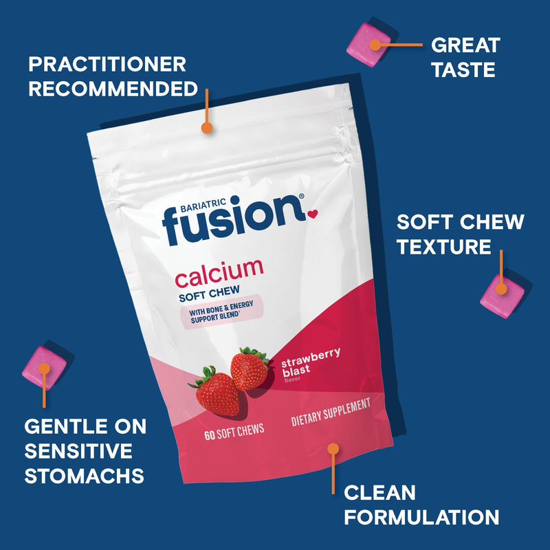 Bariatric Fusion Bariatric Calcium Supplement Chews | Calcium Citrate with Vitamin D3 Bariatric Vitamin | Sugar Free Chewable | 500mg | Strawberry | 60 Count