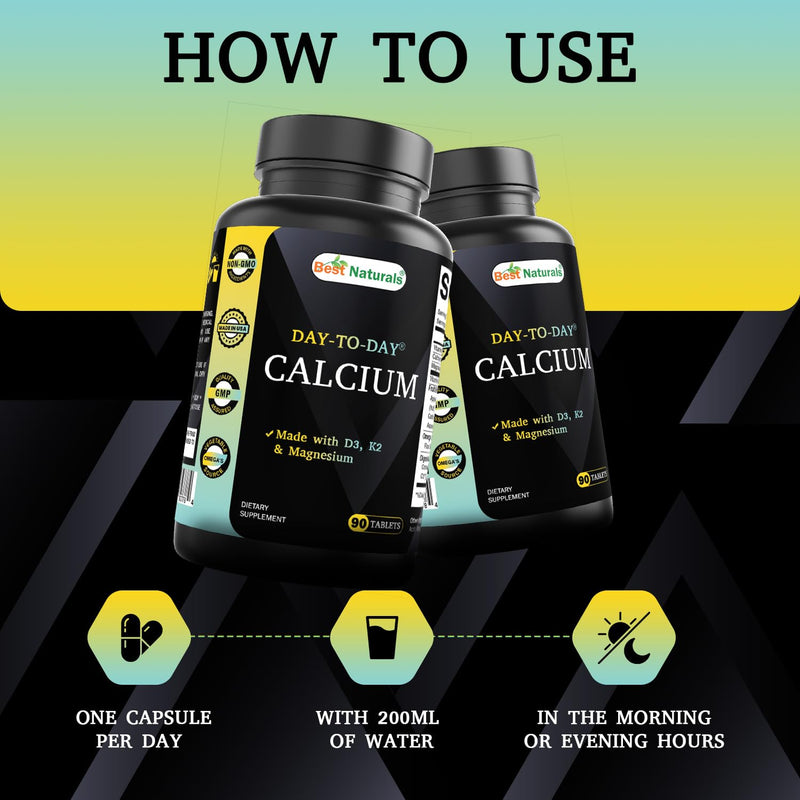 Best Naturals Calcium with D3 K2 Magnesium 90 Tablets - Made with Digestive Enzyme, Probiotics, Omega Blend