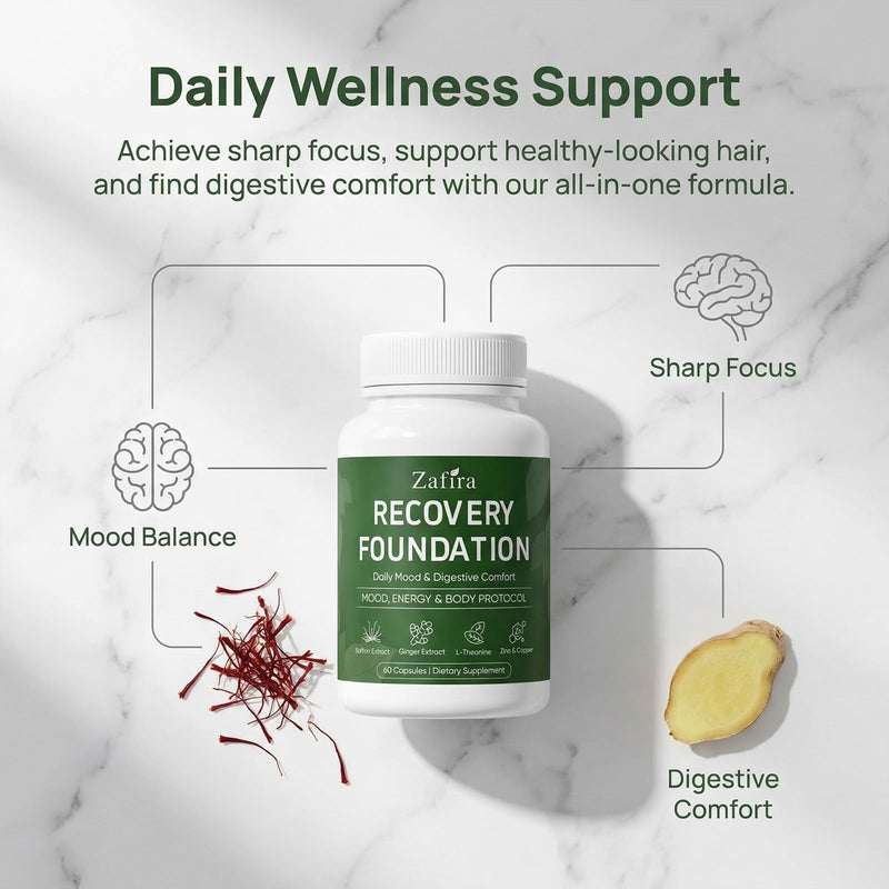Zafira Organics Recovery Foundation Capsules – Mental Clarity & Daily Wellness Support, Saffron Extract, Ginger, L-Theanine, Myo-Inositol | Non-GMO Dietary Supplement, 60 Capsules