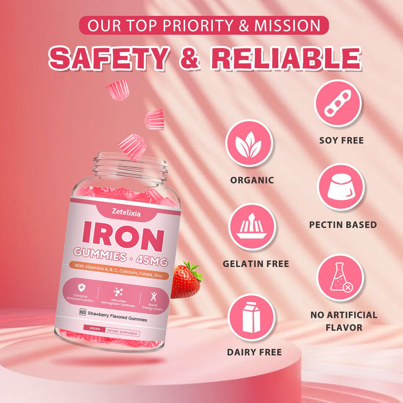 Vegan 2 Pack Iron Supplement Gummies for Women & Men, Anemia, Blood Builder & Energy Support for Iron Deficiency, with Vitamin C, A, B Complex, Folate, CoQ10, Sugar Free, Non-GMO, 120 Count 45MG Iron Strawberry Flavor 60 Count (Pack of 2)