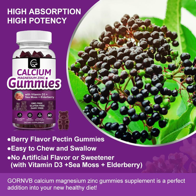 Calcium Magnesium Zinc Gummies with High Absorption Magnesium Glycinate 300mg, Potassium - Plant Complex Calcium Magnesium 2:1 Ratio, with D3 Sea Moss for Bone, Immune & Sleep Support, Vegan-3 Pack 60 Count (Pack of 3)