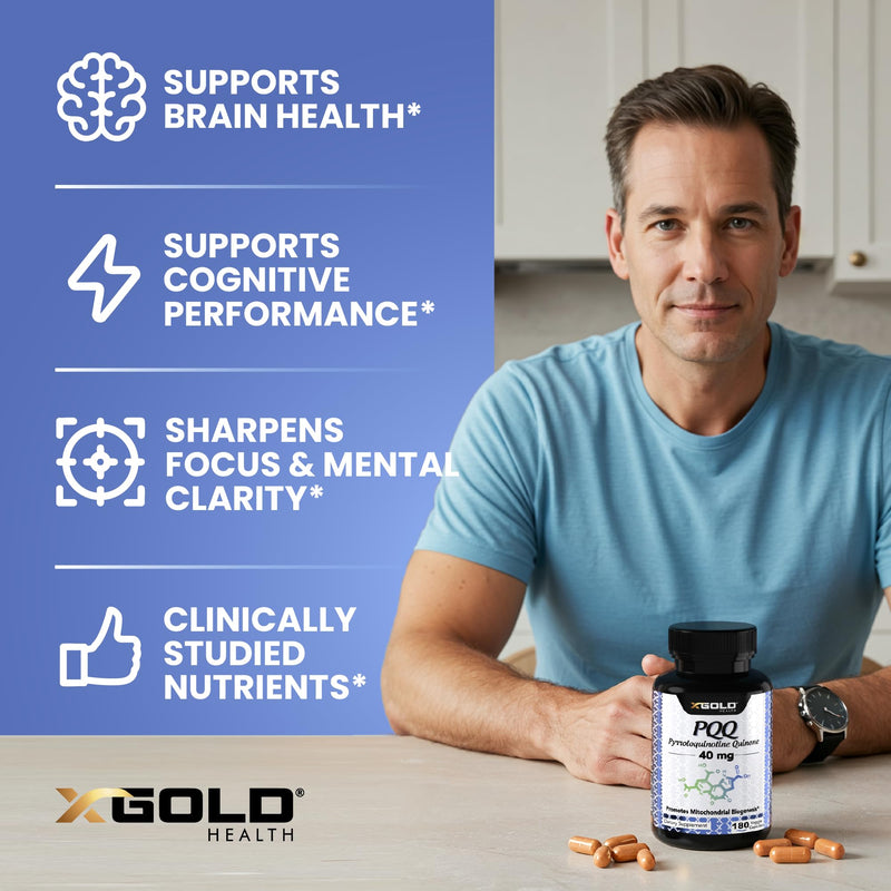 X Gold Health PQQ 40mg Supplement – Mitochondrial Energy Booster & Cellular Energy Support – Pyrroloquinoline Quinone – Brain & Focus Support – Non-GMO, Gluten-Free – 180 Veg Capsules 180 Count (Pack of 1)