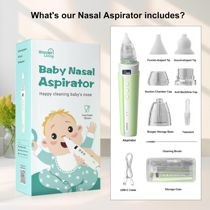 Electric Nasal Aspirator for Baby, Nose Sucker for Baby with IPX6 Waterproof, Self-Cleaning, Adjustable Nose Suction for Toddlers, Built-in Music & Light Soothing, Green - BeesActive Australia