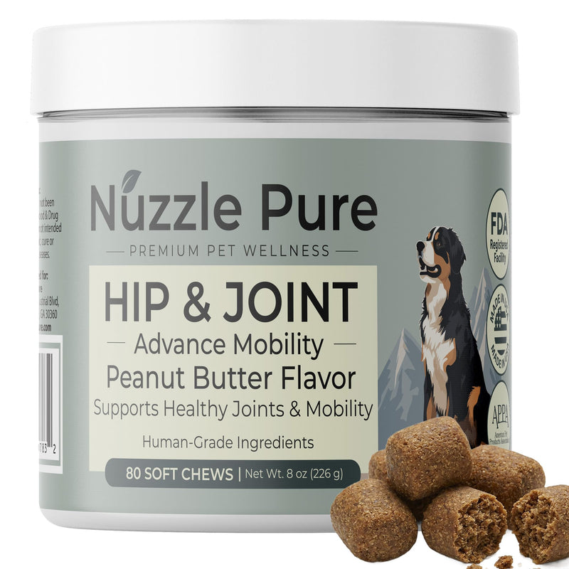 Nuzzle Pure Advanced Dog Hip and Joint Supplement with Glucosamine, Chondroitin, MSM, 80 Peanut Butter Flavor Soft Chews for Senior & All Ages, Human Grade, All Natural & Organic Ingredients.