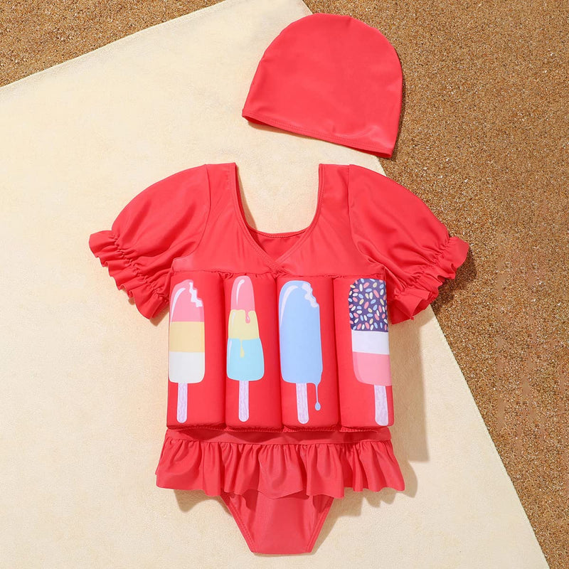 Kids Baby Girls Float Suit Ice Cream Floatation Swimsuit with Adjustable Buoyancy Bathing Swimwear Toddler One Piece Swimming Suit Summer Swim Vest Jacket Ruffle Tutu Swim Dress Red Ice Cream 2-3T - BeesActive Australia