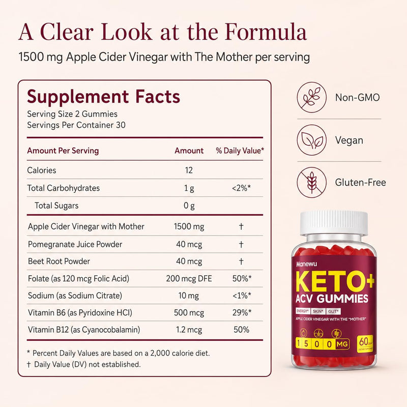 ACV Gummies with Mother, 1500 mg per Serving, 120 Count, 2 Pack | Two 60-count bottles with pomegranate, beet root and B vitamins for a convenient daily supplement routine.