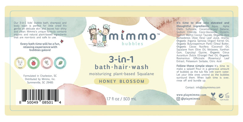 Mimmo Bubbles Moisturizing 3-in-1 Bubble Bath, Shampoo & Body Wash with Organic Aloe & Shea Butter, plus Plant-Based Squalane - Gentle for All Ages with Sensitive Skin - Vegan & Hypoallergenic 17 oz - BeesActive Australia