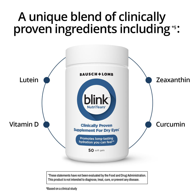 BLINK NutriTears Clinically Proven Supplement for Dry Eyes,Eye Care with Lutein & Zeaxanthin and Vitamin D to Hydrate Eyes from Within for Long-Lasting Relief,50 Softgels,(Pack of 2) NutriTears Supplement (50 Count) (Pack of 2)