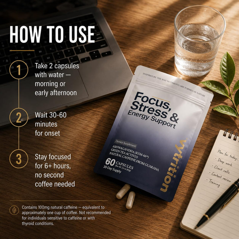 Focus, Brain & Energy Supplement, 60 Count — Green Tea L-Theanine 200mg + Natural Caffeine 100mg — Calm Focus, Mental Clarity, No-Crash Energy — Vegan, Methylated B-Vitamins, Lab-Tested