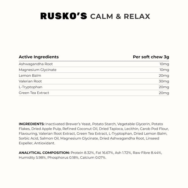 Rusko's Calming Supplement for Dogs | Supports Anxiety Relief, Stress & Nervous Behaviour | Ashwagandha, Valerian Root & L-Tryptophan | 120 Soft Chews