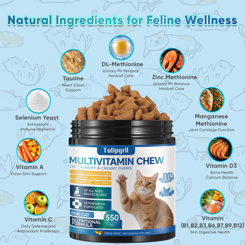 550 Chews Cat Multivitamin with 16 Active Ingredients (Vitamin A, C, B1, B6, D3, Taurine & More) – Supports Coat, Immune, Growth, Digestion, Joints, Poor Condition & Diet Change – for All Cats