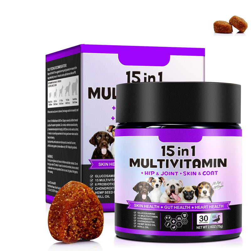 15 in 1 Dog Multivitamin Treats, 30 Chews Vitamins Supplements for Dogs, Dog Supplements, Hip & Joint Supplements, Immune System, Skin & Coat, vitamins for dogs for All Breeds and Ages 30 chews 15 in 1 Dog Multivitamin Treats